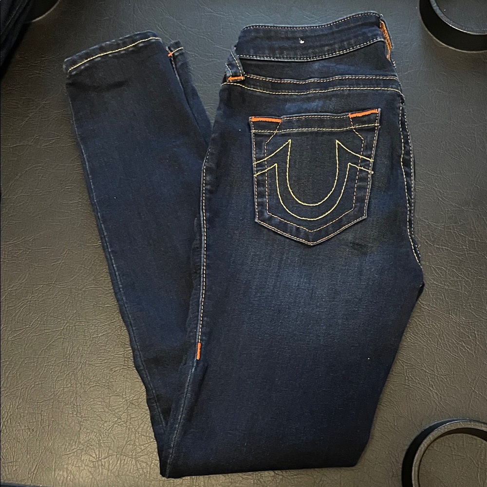 Sz 27 True Religion Dark Blue Skinny Jeans with Orange Accents